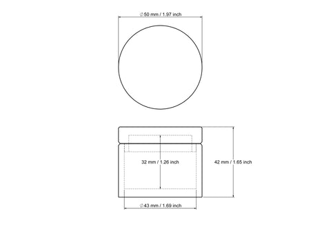 50 x 42 mm medinės apvalios dėžutės smulkmenoms techninis brėžinys