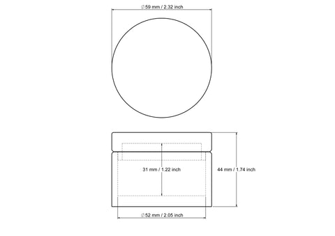 59 x 44 mm medinės apvalios dėžutės smulkmenoms techninis brėžinys