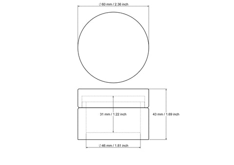 60 x 43 mm medinės apvalios tablečių dėžutės techninis brėžinys