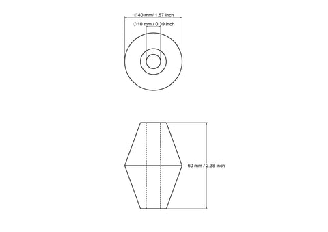 40 x 60 mm tekinto medinio dvigubo kūgio karoliuko techninis brėžinys