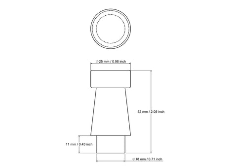 52 mm kūginės tekintos medinės baldų rankenėlės techninis brėžinys