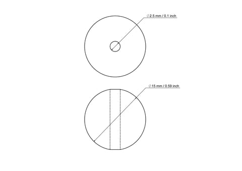 Techninis 15 mm beržo medienos karoliuko su 2,5 mm skyle brėžinys