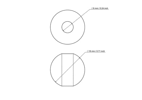 Techninis 18 mm beržinio karoliuko su 6 mm skyle brėžinys