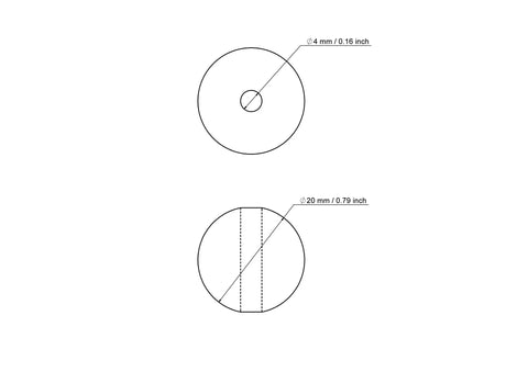 Techninis 20 mm beržinio karoliuko su 4 mm skyle brėžinys