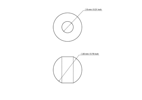 Techninis 20 mm beržinio karoliuko su 8 mm skyle brėžinys