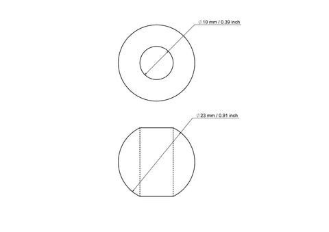 Techninis 23 mm beržinio medinio karoliuko su 10 mm skylute brėžinys