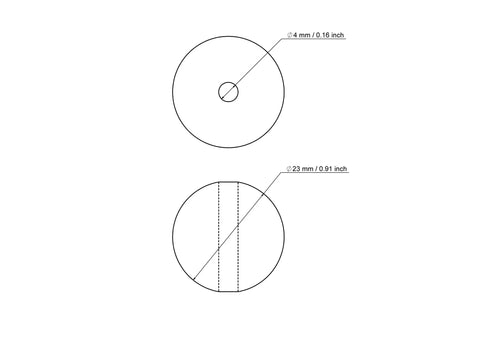 Techninis 23 mm beržinio medinio karoliuko su 4 mm skylute brėžinys