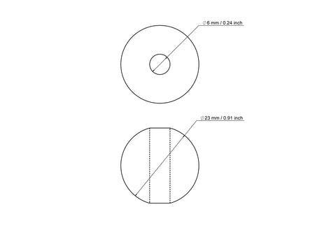 Techninis 23 mm beržinio medinio karoliuko su 6 mm skylute brėžinys