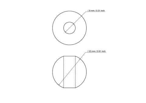 Techninis 23 mm beržinio medinio karoliuko su 8 mm skylute brėžinys