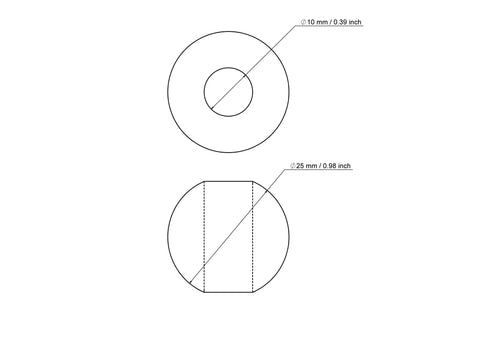Techninis 25 mm beržinio medinio karoliuko su 10 mm skylute brėžinys