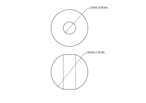 30 mm beržinio medinio karoliuko su 10 mm skyle techninis brėžinys