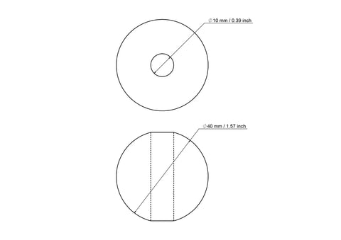 40 mm beržinio medinio karoliuko su 10 mm skyle techninis brėžinys