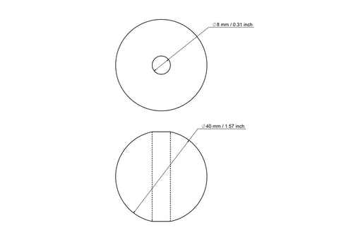 40 mm beržinio medinio karoliuko su 8 mm skyle techninis brėžinys