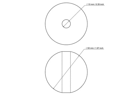 50 mm beržinio medinio karoliuko su 10 mm skyle techninis brėžinys