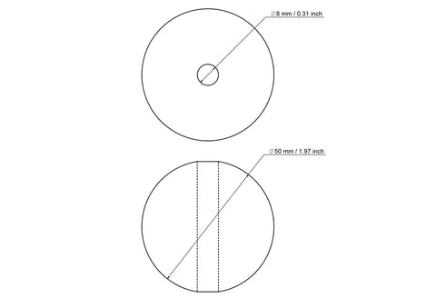 50 mm beržinio medinio karoliuko su 8 mm skyle techninis brėžinys