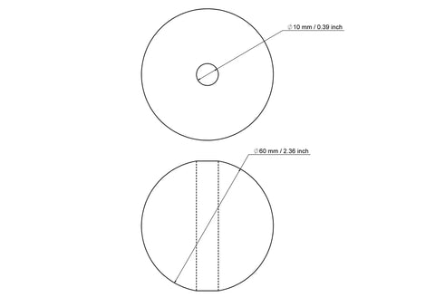 Techninis 60 mm beržinio medinio karoliuko su 10 mm skylute brėžinys