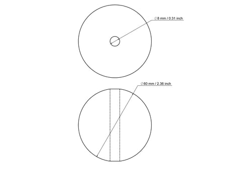 60 mm beržinio medinio karoliuko su 8 mm skyle techninis brėžinys