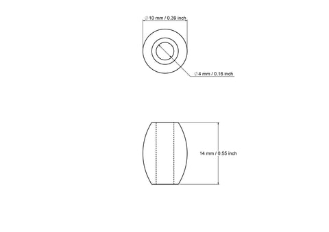 Techninis 10 x 14 mm medinio statinaitės formos karoliuko su 4 mm skylute brėžinys