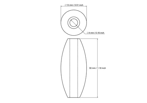 Techninis 13 x 30 mm medinio statinaitės formos karoliuko su 4 mm skylute brėžinys