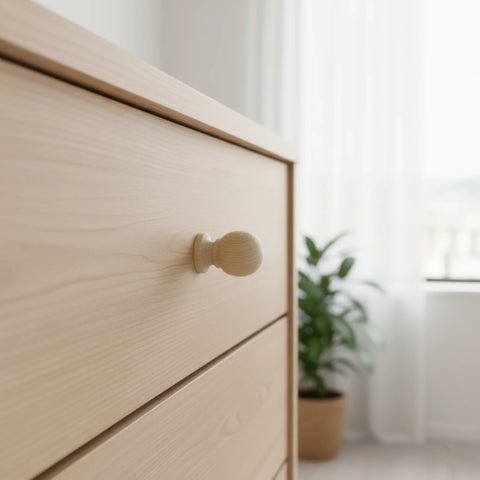Apvali 33 mm ąžuolinė medinė rankenėlė, pritvirtinta prie spintelės durelių